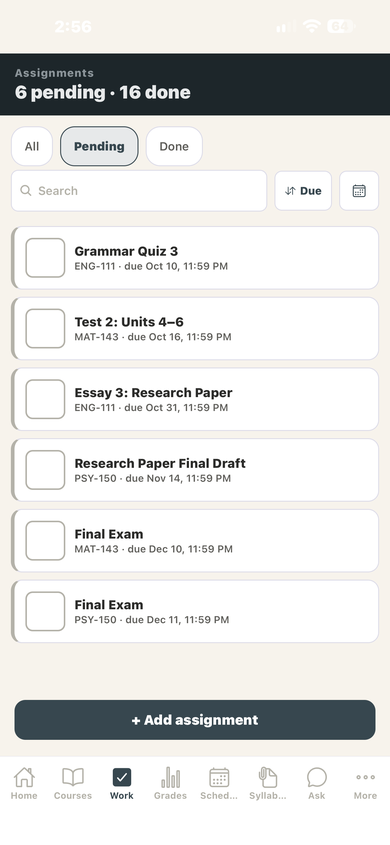 CourseTrack assignment list on mobile