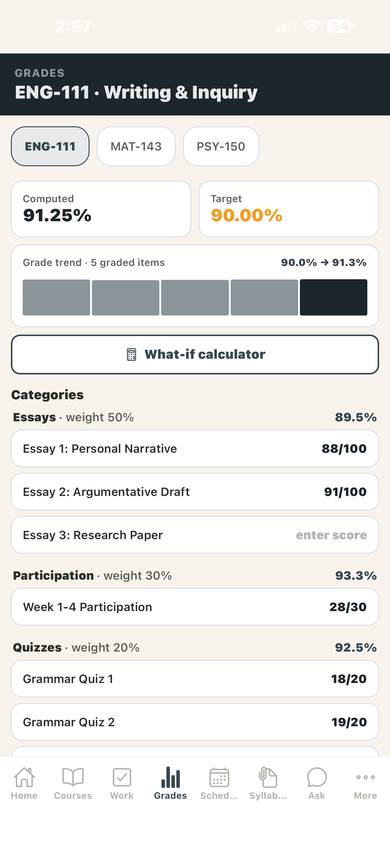 CourseTrack course grades on mobile