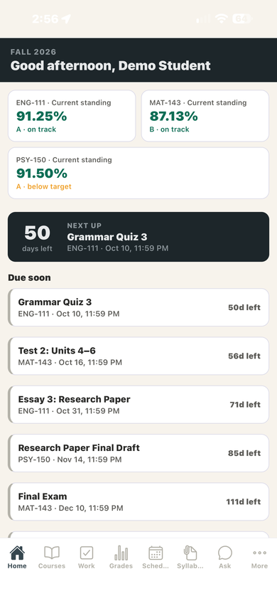 CourseTrack mobile dashboard showing courses, grades, and upcoming assignments